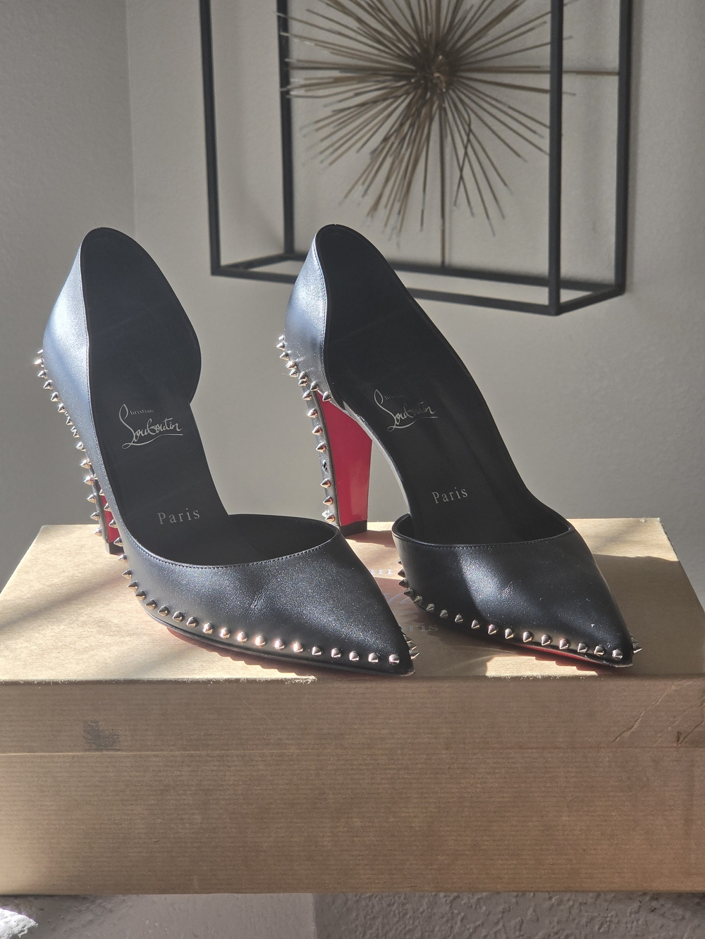 Christian Louboutin Black Leather Pointed-Toe Stud Pumps with Red Soles